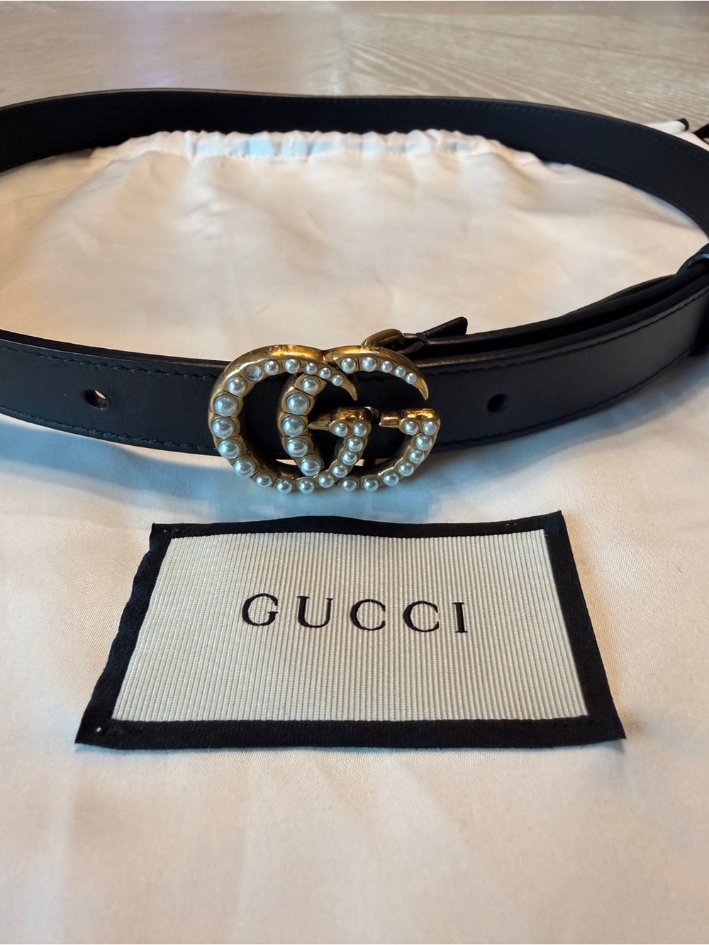 Gucci Black Leather Belt with Gold Pearl Double G Buckle